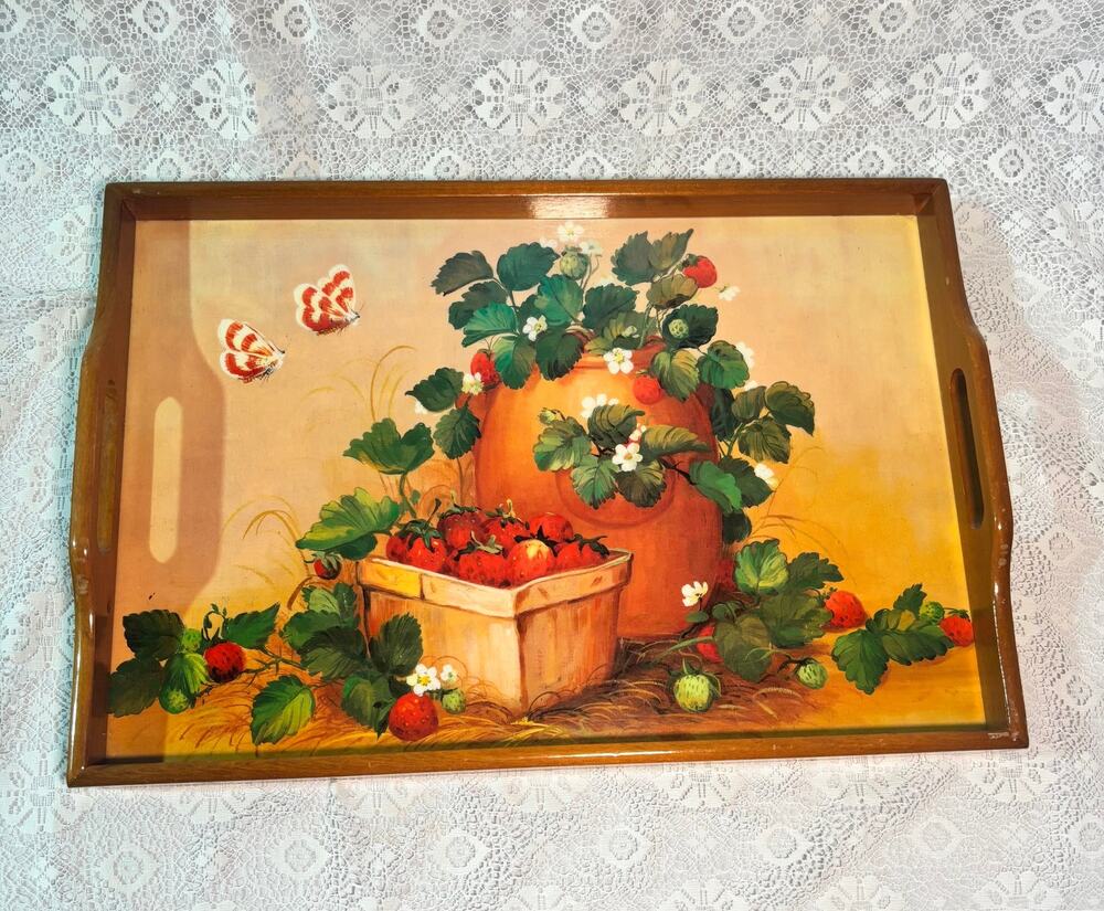 Vintage Strawberry Serving Tray | Country Kitchen Wood Tray